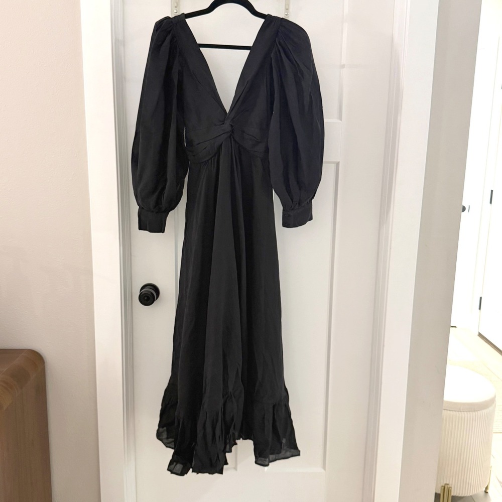 Sabina Musayev Daphna Black Midi Dress Puff Sleeve Open Back XS Classic Luxury